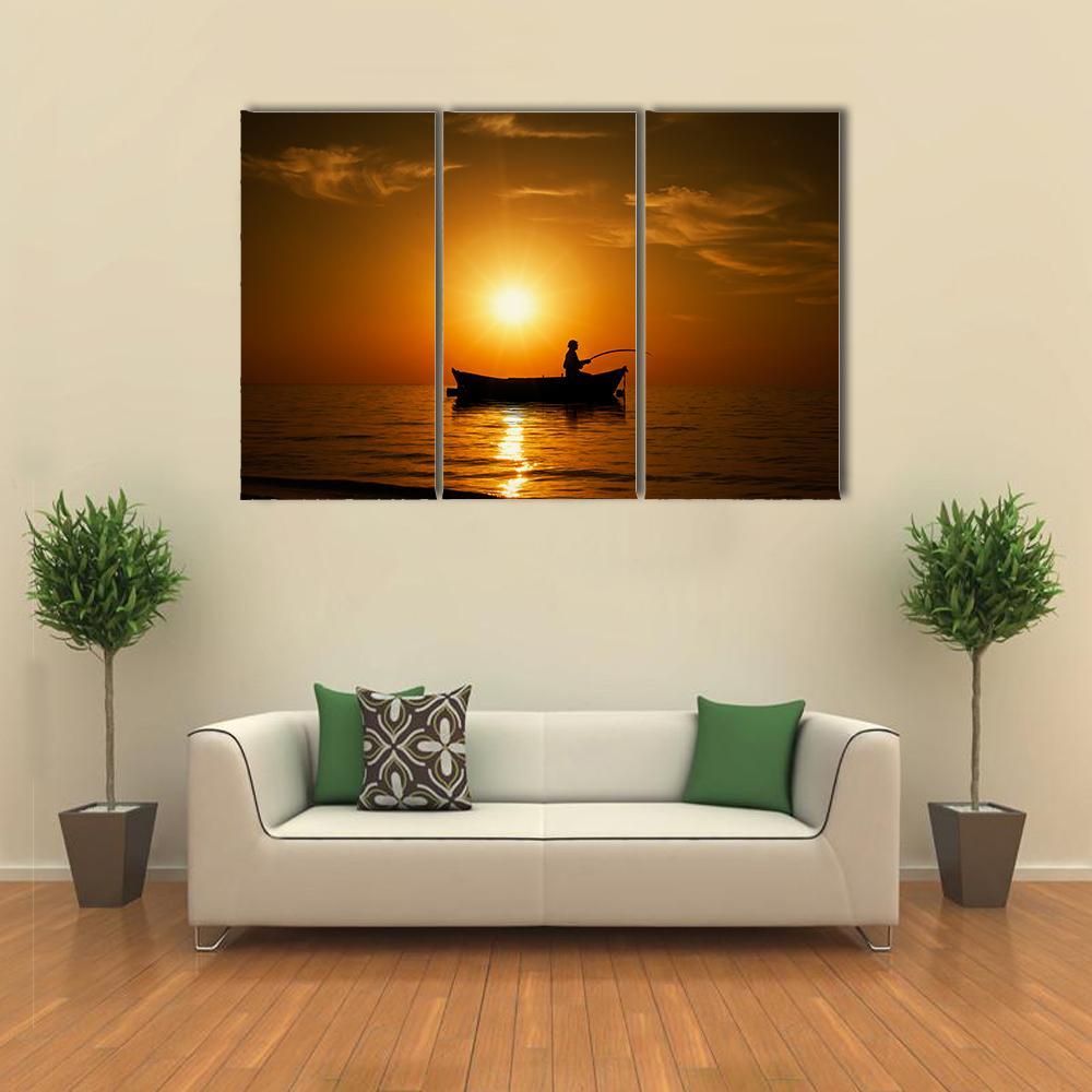 Man Fishing Under Sunset Canvas Wall Art-3 Horizontal-Gallery Wrap-37" x 24"-Tiaracle