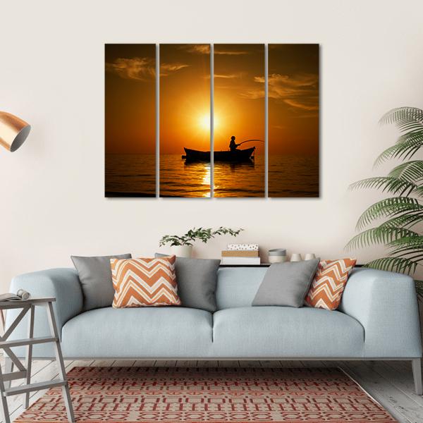 Man Fishing Under Sunset Canvas Wall Art-4 Horizontal-Gallery Wrap-34" x 24"-Tiaracle