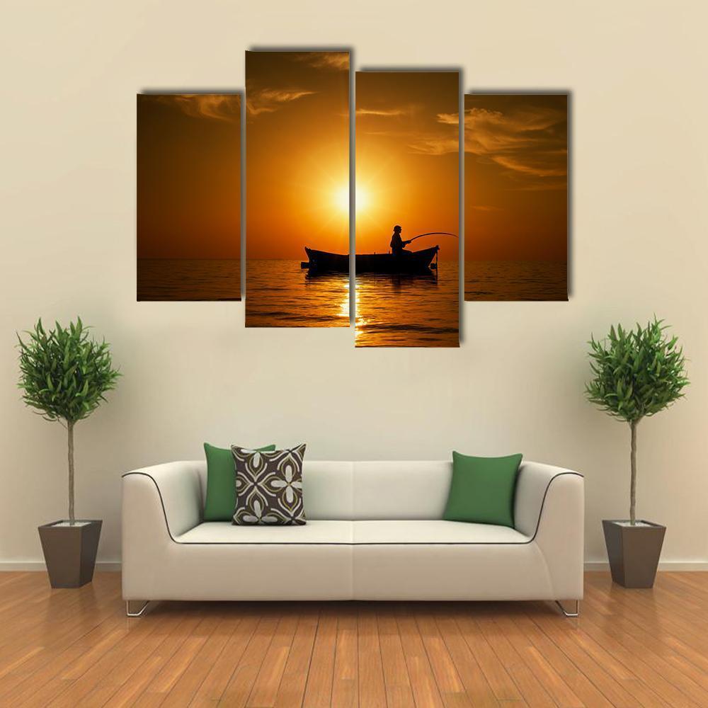 Man Fishing Under Sunset Canvas Wall Art-4 Pop-Gallery Wrap-50" x 32"-Tiaracle