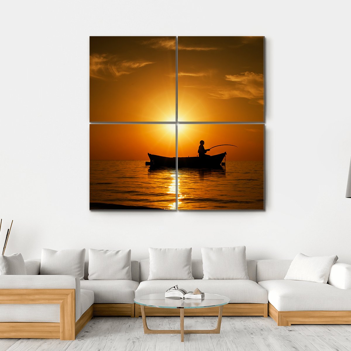 Man Fishing Under Sunset Canvas Wall Art-4 Square-Gallery Wrap-17" x 17"-Tiaracle