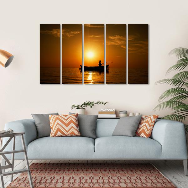 Man Fishing Under Sunset Canvas Wall Art-5 Horizontal-Gallery Wrap-22" x 12"-Tiaracle