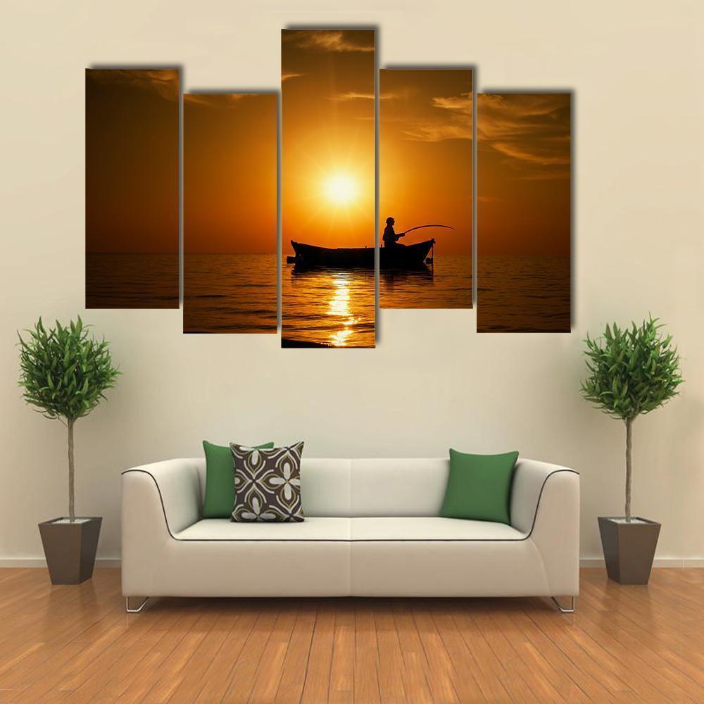 Man Fishing Under Sunset Canvas Wall Art-5 Pop-Gallery Wrap-47" x 32"-Tiaracle