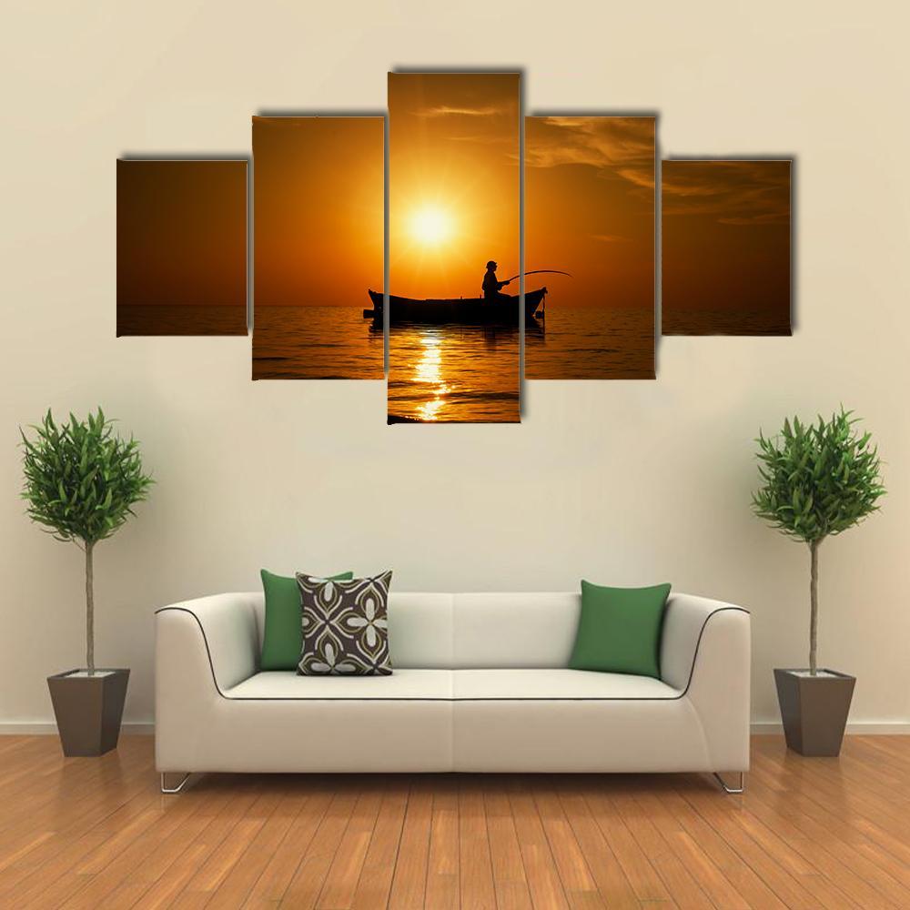 Man Fishing Under Sunset Canvas Wall Art-5 Star-Gallery Wrap-62" x 32"-Tiaracle