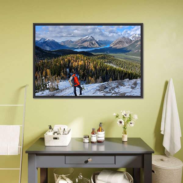 Man Hiking In Rockies Canvas Wall Art-1 Piece-Floating Frame-24" x 16"-Tiaracle