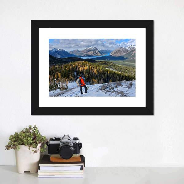 Man Hiking In Rockies Canvas Wall Art-1 Piece-Framed Print-20" x 16"-Tiaracle