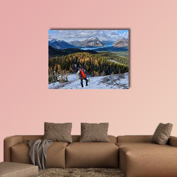 Man Hiking In Rockies Canvas Wall Art-1 Piece-Gallery Wrap-48" x 32"-Tiaracle