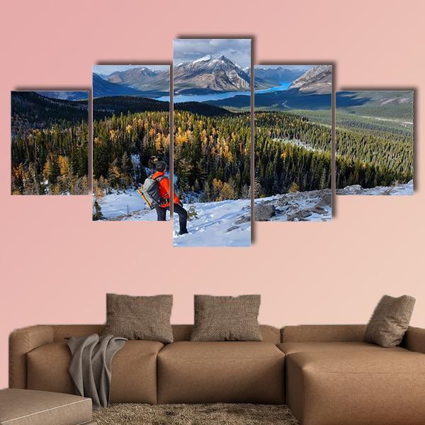 Man Hiking In Rockies Canvas Wall Art-5 Star-Gallery Wrap-62" x 32"-Tiaracle
