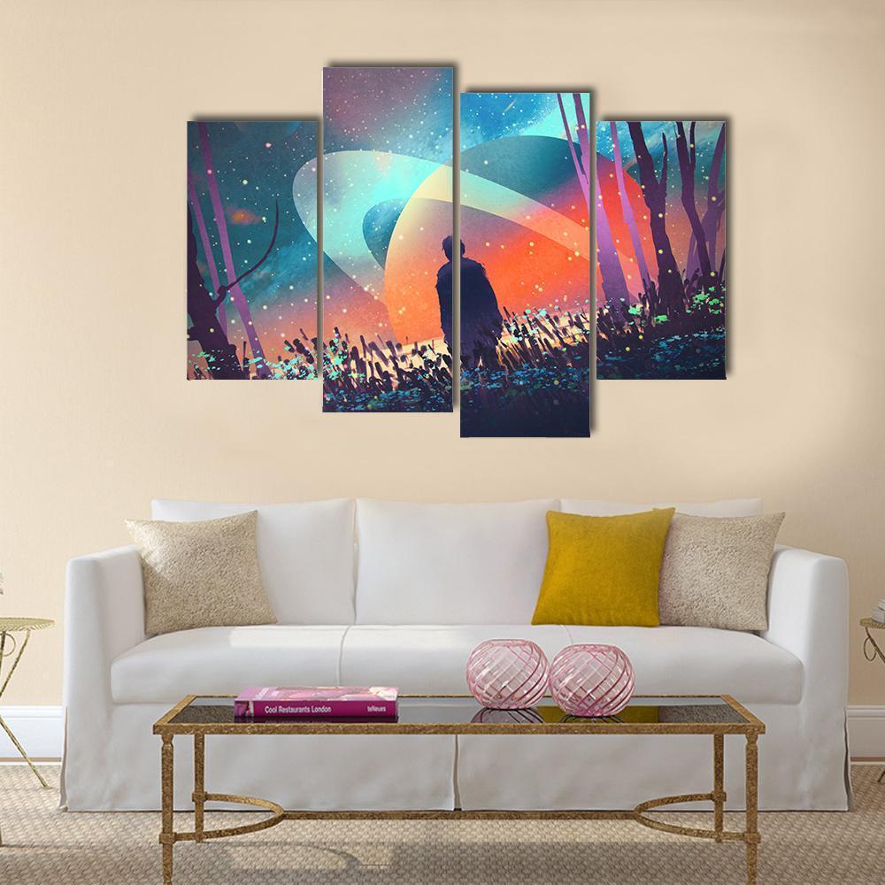 Man In Fictional Planet Canvas Wall Art-4 Pop-Gallery Wrap-50" x 32"-Tiaracle