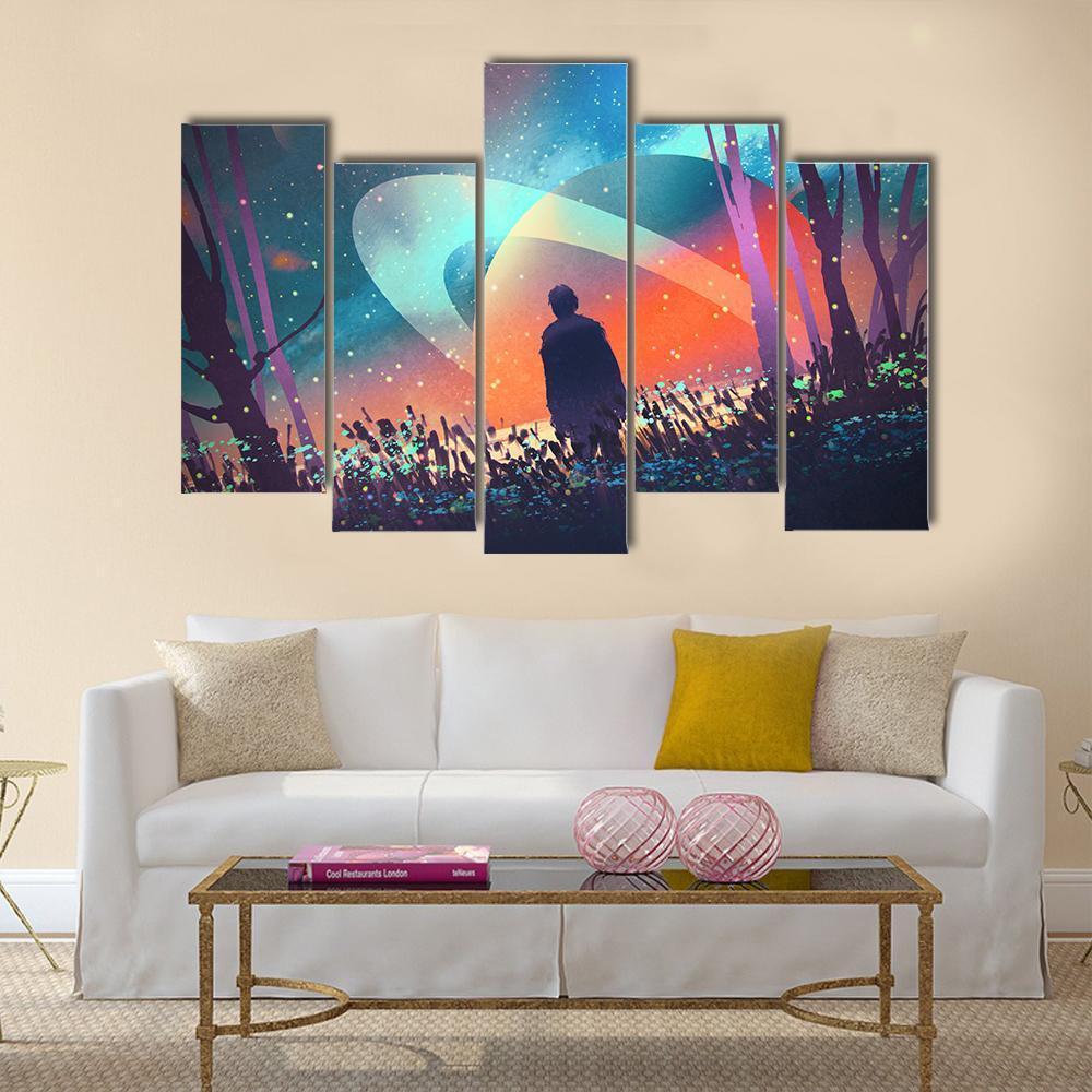 Man In Fictional Planet Canvas Wall Art-5 Pop-Gallery Wrap-47" x 32"-Tiaracle