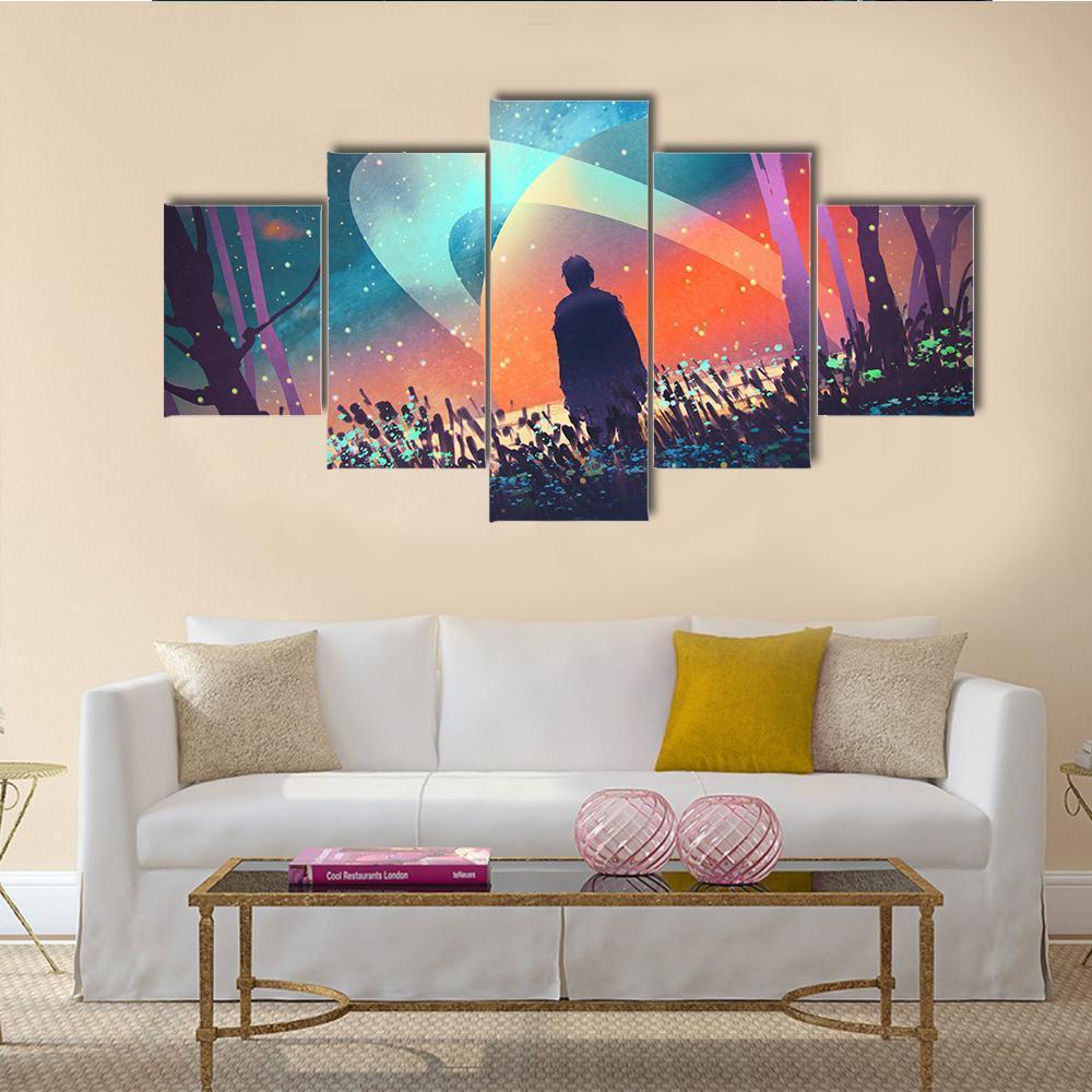 Man In Fictional Planet Canvas Wall Art-5 Star-Gallery Wrap-62" x 32"-Tiaracle