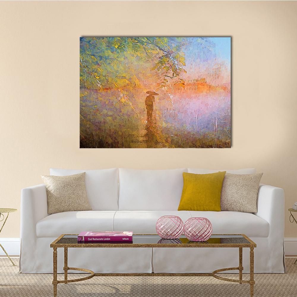 Man with Umbrella in Misty Rain Canvas Wall Art in yellow, blue and pink, single panel hung on a wall