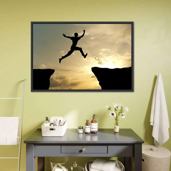 Man Jump Through Gap Canvas Wall Art-1 Piece-Floating Frame-24" x 16"-Tiaracle