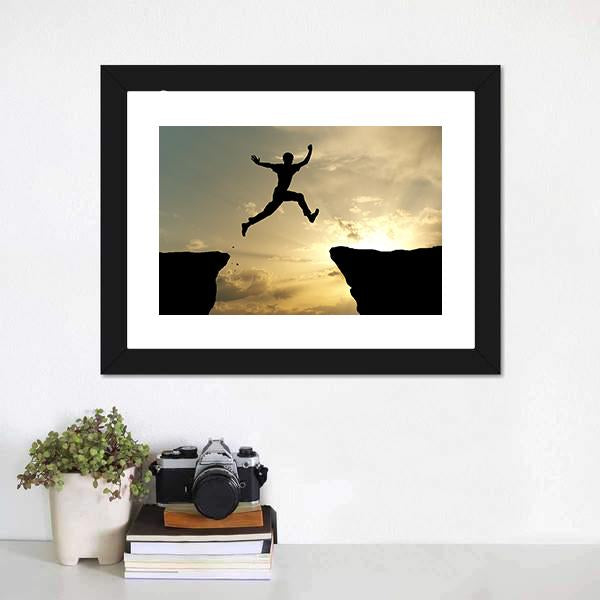 Man Jump Through Gap Canvas Wall Art-1 Piece-Framed Print-20" x 16"-Tiaracle