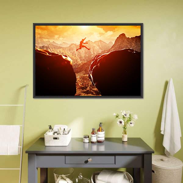 Man Jumping Through Rocks Canvas Wall Art-1 Piece-Floating Frame-24" x 16"-Tiaracle