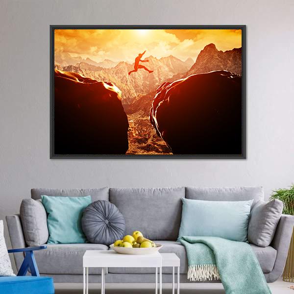 Man Jumping Through Rocks Canvas Wall Art-3 Horizontal-Gallery Wrap-25" x 16"-Tiaracle