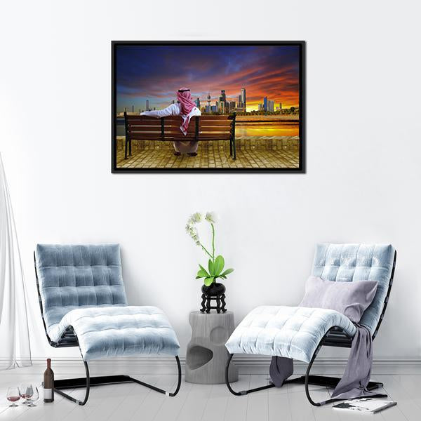 Man Looking At Cityscape Canvas Wall Art-1 Piece-Floating Frame-36&quot; x 24&quot;-Tiaracle
