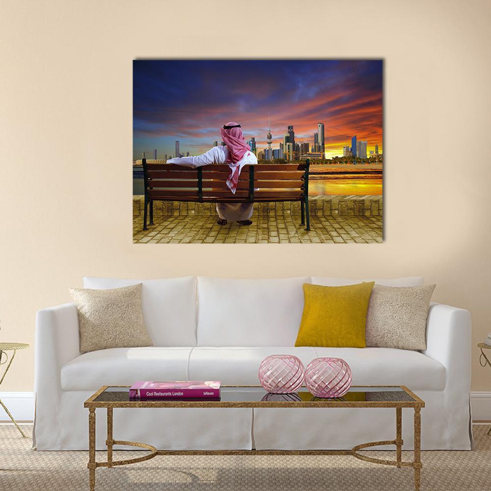 Man Looking At Cityscape Canvas Wall Art-4 Horizontal-Gallery Wrap-34" x 24"-Tiaracle
