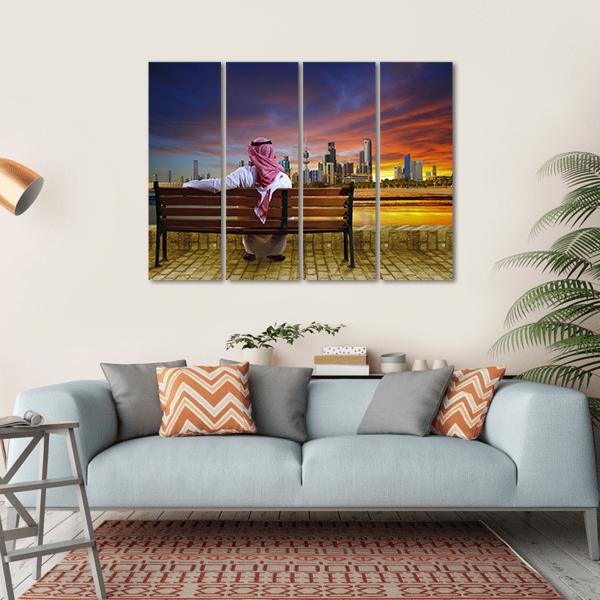 Man Looking At Cityscape Canvas Wall Art-4 Horizontal-Gallery Wrap-34" x 24"-Tiaracle