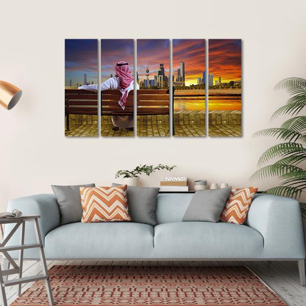Man Looking At Cityscape Canvas Wall Art-5 Horizontal-Gallery Wrap-22&quot; x 12&quot;-Tiaracle