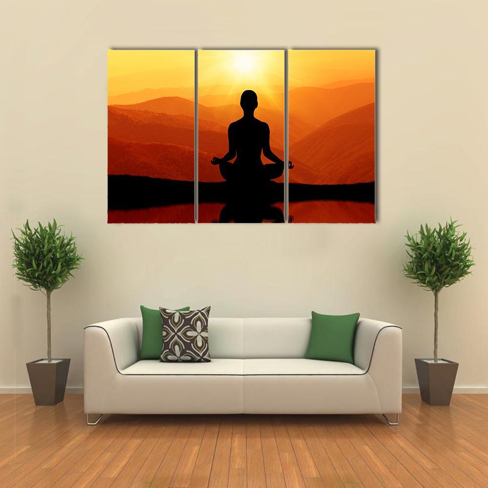Man Meditating Silhouette Canvas Wall Art-3 Horizontal-Gallery Wrap-37" x 24"-Tiaracle