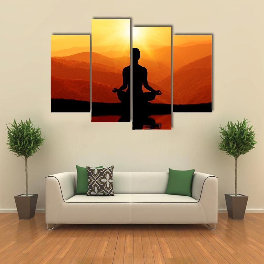 Man Meditating Silhouette Canvas Wall Art-4 Pop-Gallery Wrap-50&quot; x 32&quot;-Tiaracle