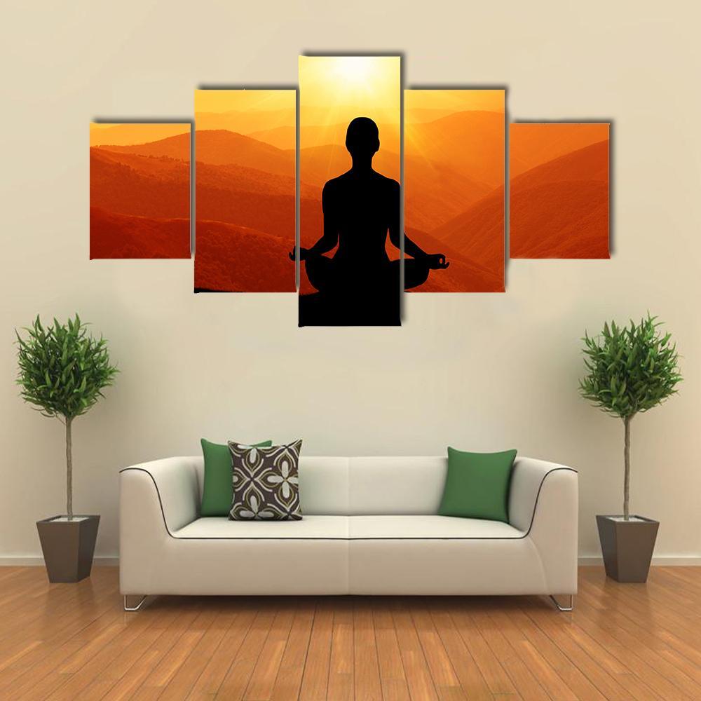 Man Meditating Silhouette Canvas Wall Art-5 Star-Gallery Wrap-62&quot; x 32&quot;-Tiaracle