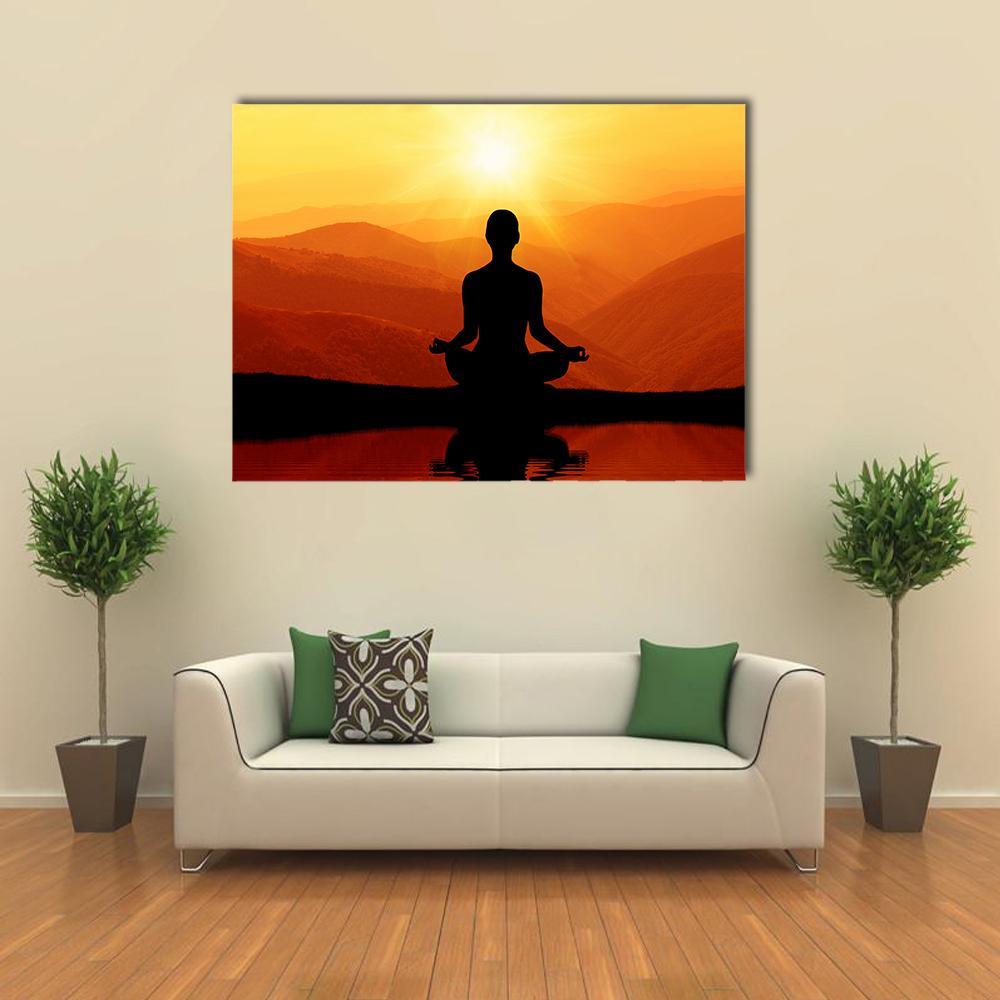 Man Meditating Silhouette Canvas Wall Art-4 Horizontal-Gallery Wrap-34" x 24"-Tiaracle