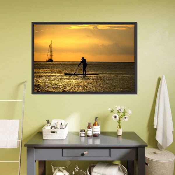 Man Paddle Sailing At Sea Canvas Wall Art-1 Piece-Floating Frame-24" x 16"-Tiaracle
