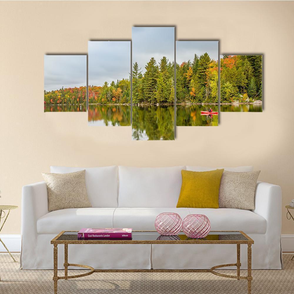 Man Paddling Kayak In Autumn Canvas Wall Art-5 Star-Gallery Wrap-62" x 32"-Tiaracle