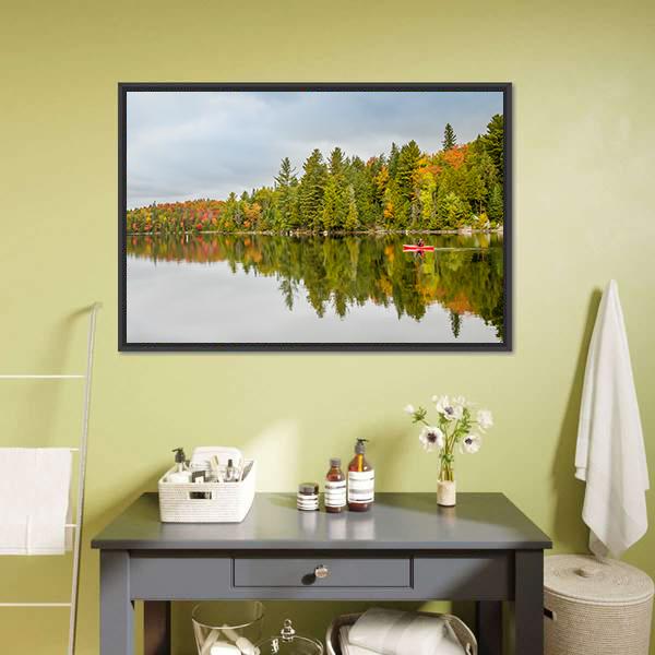 Man Paddling Kayak In Autumn Canvas Wall Art-1 Piece-Floating Frame-24" x 16"-Tiaracle