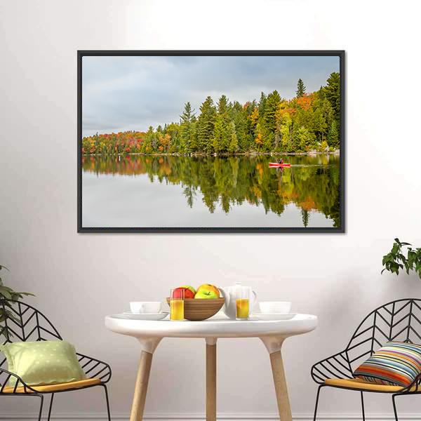Man Paddling Kayak In Autumn Canvas Wall Art-3 Horizontal-Gallery Wrap-25" x 16"-Tiaracle