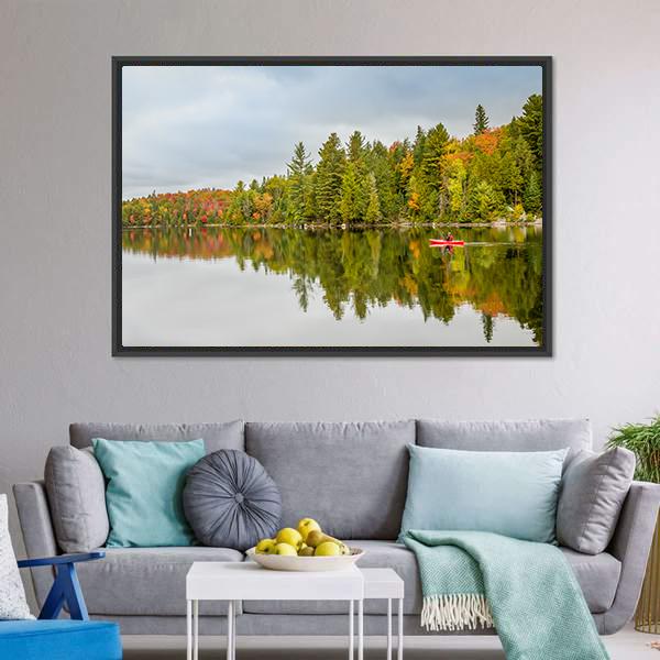 Man Paddling Kayak In Autumn Canvas Wall Art-3 Horizontal-Gallery Wrap-25" x 16"-Tiaracle