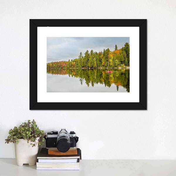 Man Paddling Kayak In Autumn Canvas Wall Art-1 Piece-Framed Print-20" x 16"-Tiaracle