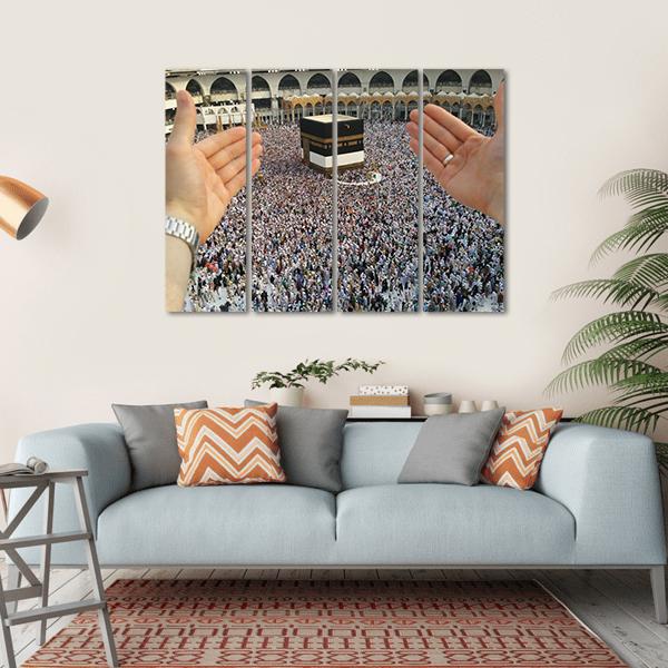 Man Praying & Holy Kaaba Canvas Wall Art-4 Horizontal-Gallery Wrap-34" x 24"-Tiaracle