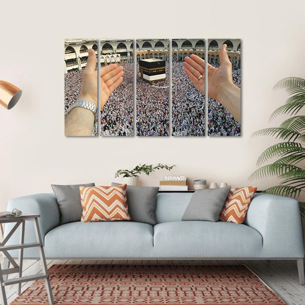 Man Praying &amp; Holy Kaaba Canvas Wall Art-5 Horizontal-Gallery Wrap-22" x 12"-Tiaracle
