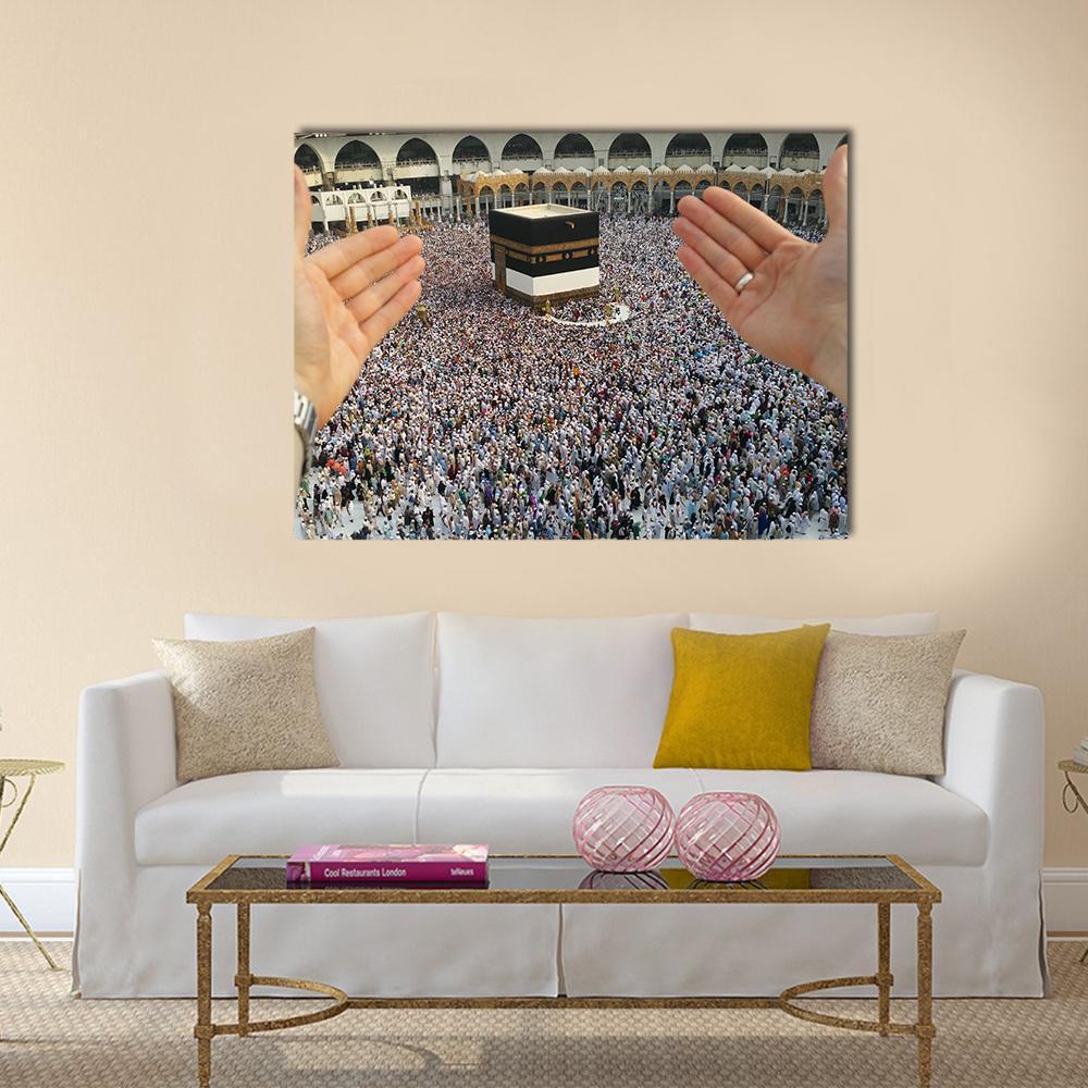 Prayer at the Holy Kaaba in Mecca Canvas Wall Art in black, white and beige, single panel hung on a wall