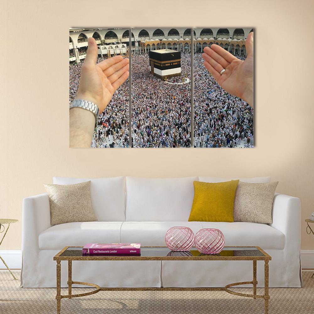 Man Praying & Holy Kaaba Canvas Wall Art-3 Horizontal-Gallery Wrap-37" x 24"-Tiaracle