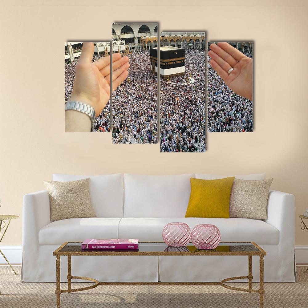Man Praying &amp; Holy Kaaba Canvas Wall Art-4 Pop-Gallery Wrap-50" x 32"-Tiaracle