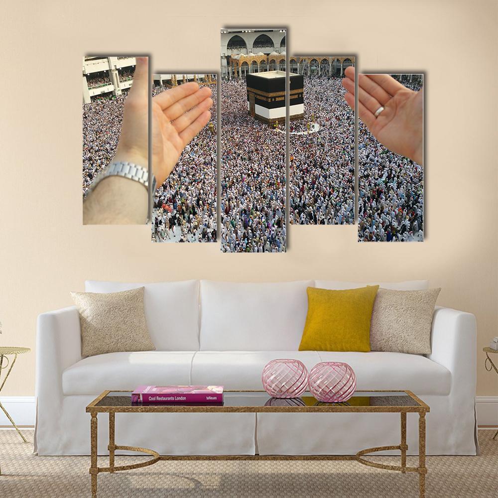 Man Praying &amp; Holy Kaaba Canvas Wall Art-5 Pop-Gallery Wrap-47" x 32"-Tiaracle