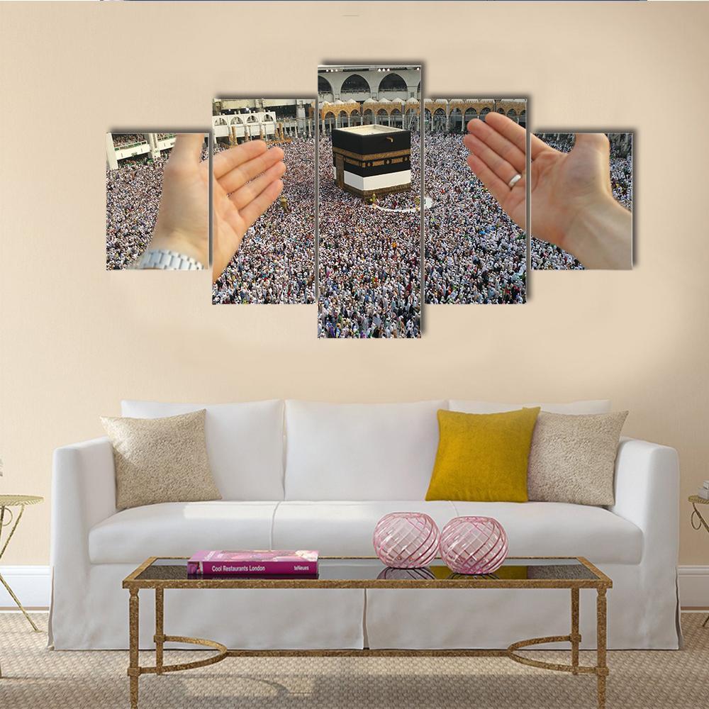 Man Praying &amp; Holy Kaaba Canvas Wall Art-5 Star-Gallery Wrap-62" x 32"-Tiaracle