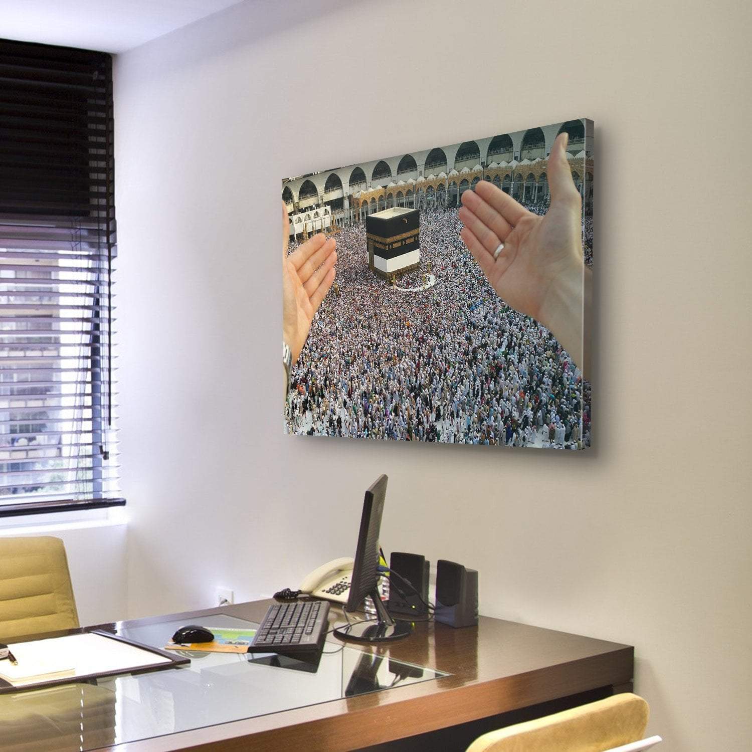 Man Praying & Holy Kaaba Canvas Wall Art-3 Horizontal-Gallery Wrap-37" x 24"-Tiaracle