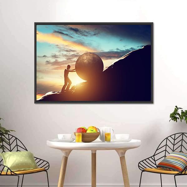 Man Rolling Ball Up Hill Canvas Wall Art-3 Horizontal-Gallery Wrap-25" x 16"-Tiaracle
