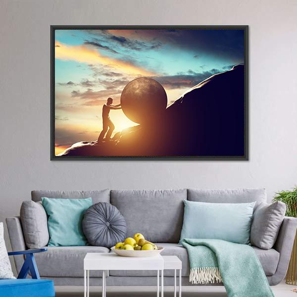 Man Rolling Ball Up Hill Canvas Wall Art-3 Horizontal-Gallery Wrap-25" x 16"-Tiaracle