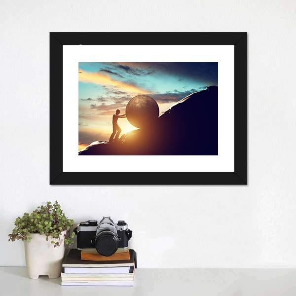Man Rolling Ball Up Hill Canvas Wall Art-1 Piece-Framed Print-20" x 16"-Tiaracle