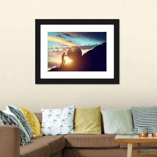Man Rolling Ball Up Hill Canvas Wall Art-3 Horizontal-Gallery Wrap-25" x 16"-Tiaracle