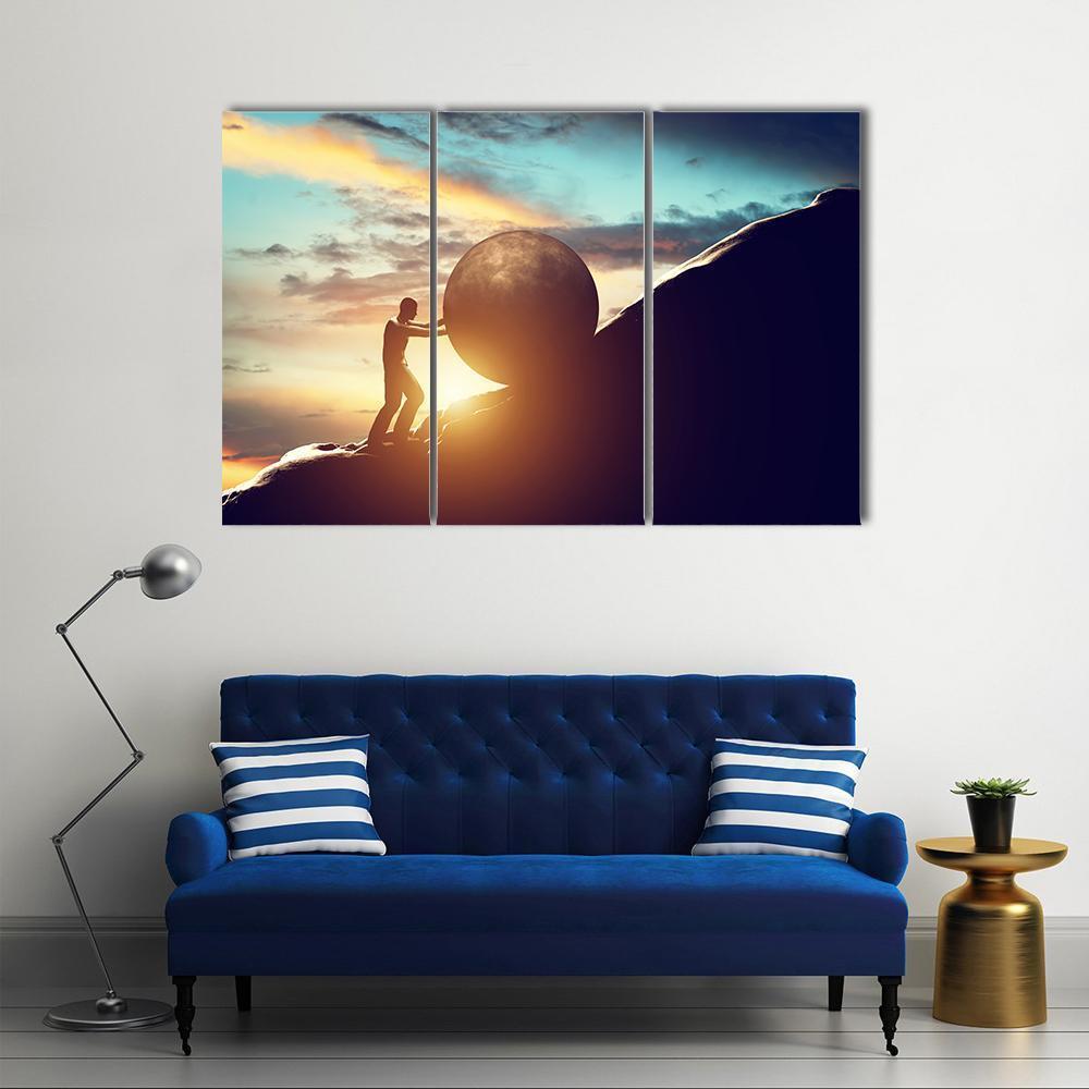 Man Rolling Ball Up Hill Canvas Wall Art-3 Horizontal-Gallery Wrap-37" x 24"-Tiaracle