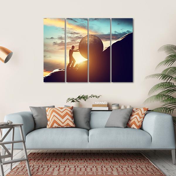 Man Rolling Ball Up Hill Canvas Wall Art-4 Horizontal-Gallery Wrap-34" x 24"-Tiaracle