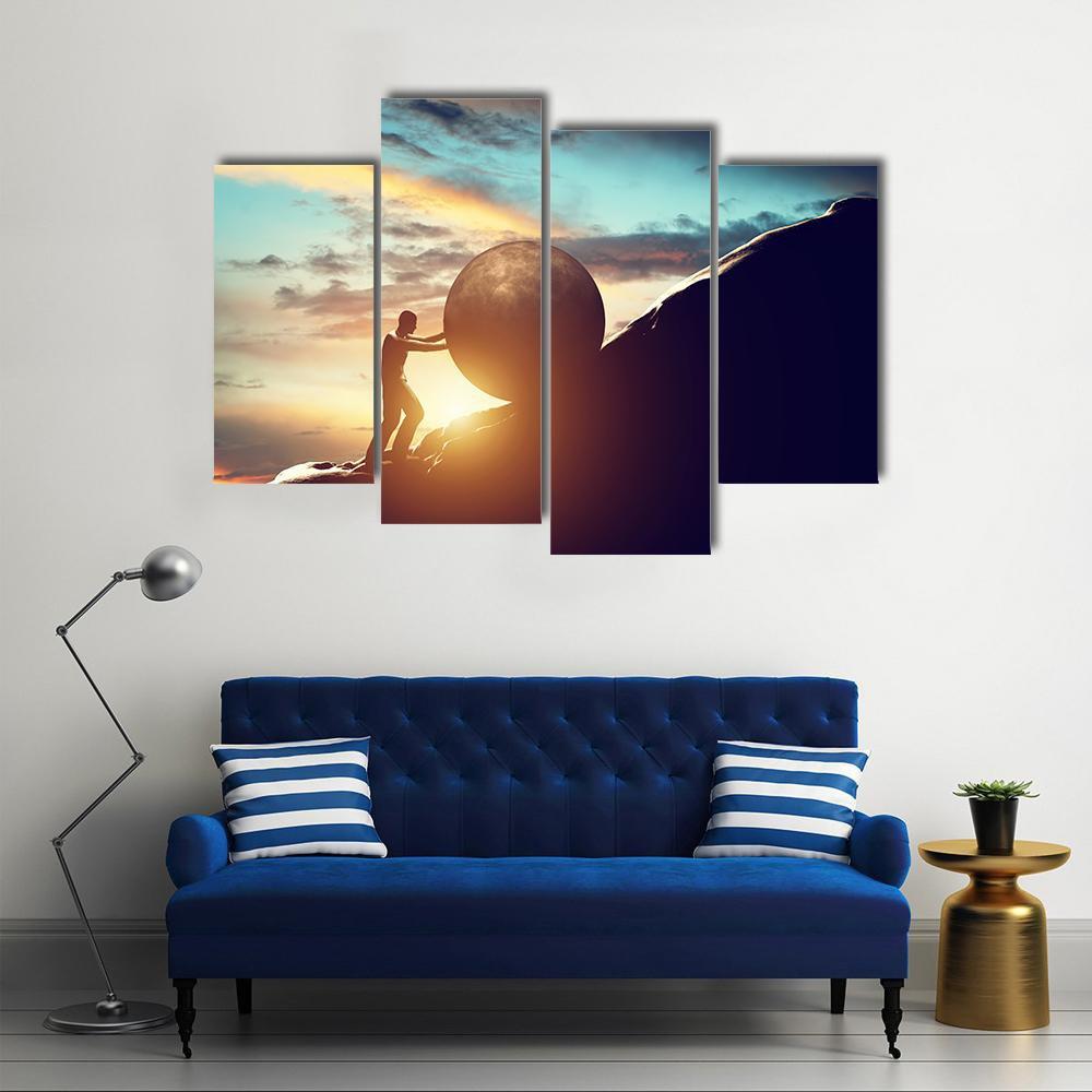 Man Rolling Ball Up Hill Canvas Wall Art-4 Pop-Gallery Wrap-50" x 32"-Tiaracle