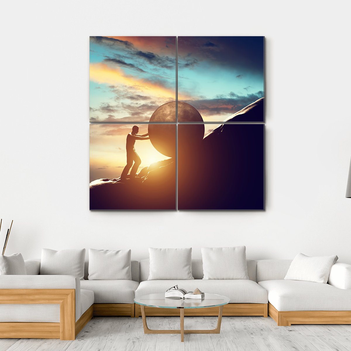 Man Rolling Ball Up Hill Canvas Wall Art-4 Square-Gallery Wrap-17" x 17"-Tiaracle