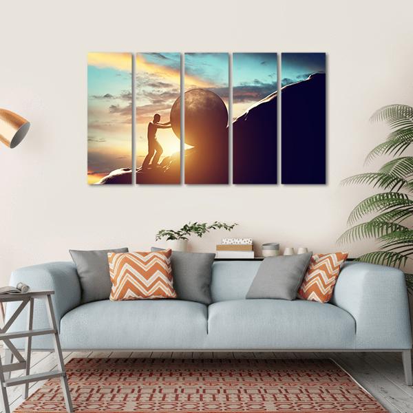 Man Rolling Ball Up Hill Canvas Wall Art-5 Horizontal-Gallery Wrap-22" x 12"-Tiaracle